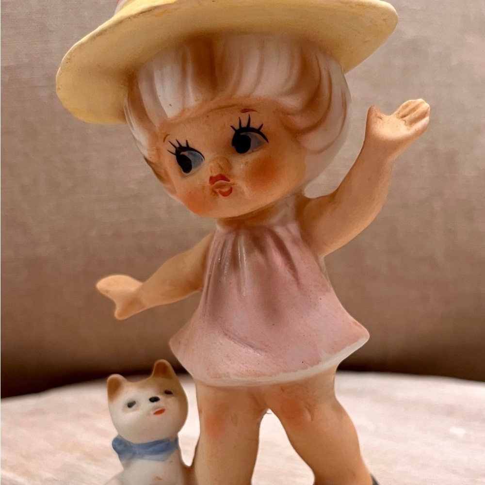 Vintage Norleans Japan Bisque Girl in a Hat w/ Cat Figurine